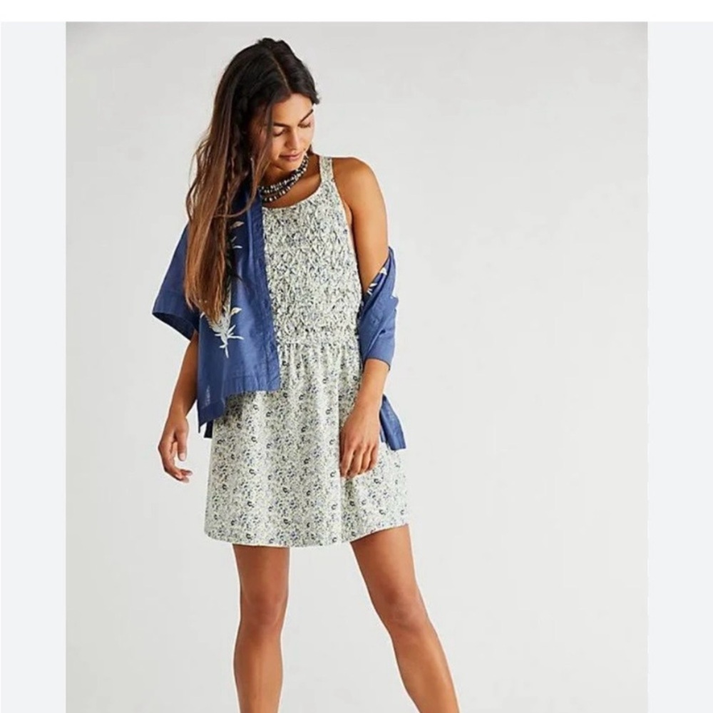 Free People Floral Mini Dress in Cream with Blue Accents